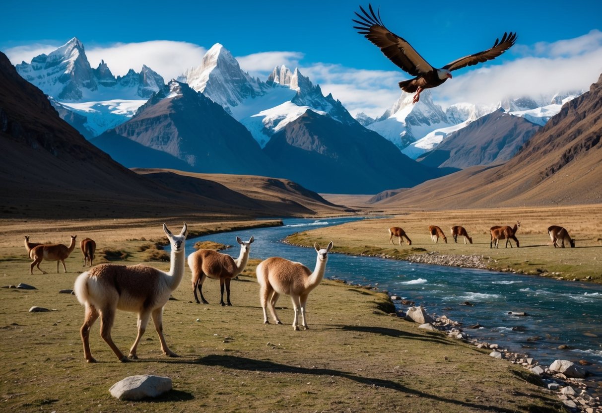 A condor soars over jagged peaks, while guanacos graze in the grassy plains of Patagonia. Snow-capped mountains loom in the distance, as a clear blue river winds through the rugged terrain