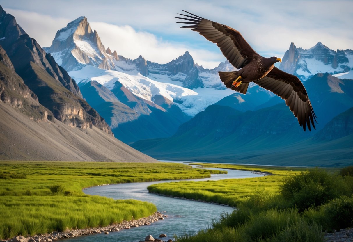 A majestic condor soars above the rugged peaks of Patagonia, while a crystal-clear river winds its way through the lush green valleys below