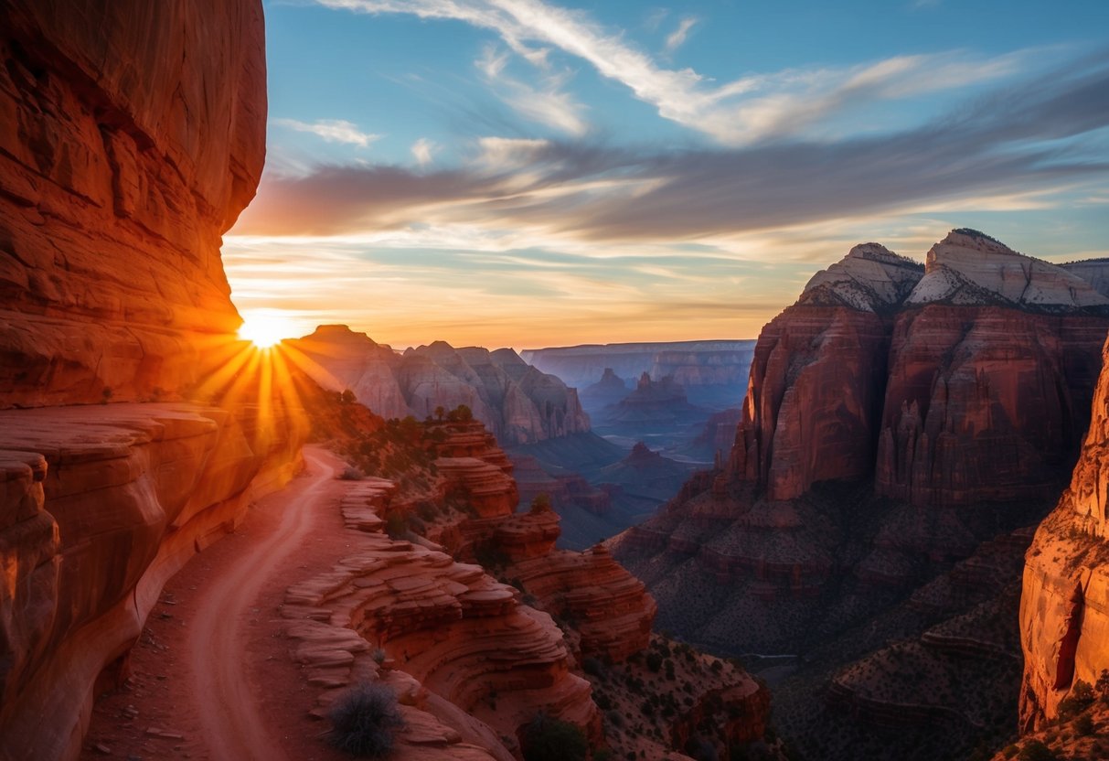 The sun sets behind towering red cliffs, casting long shadows over the deep canyons of Zion National Park