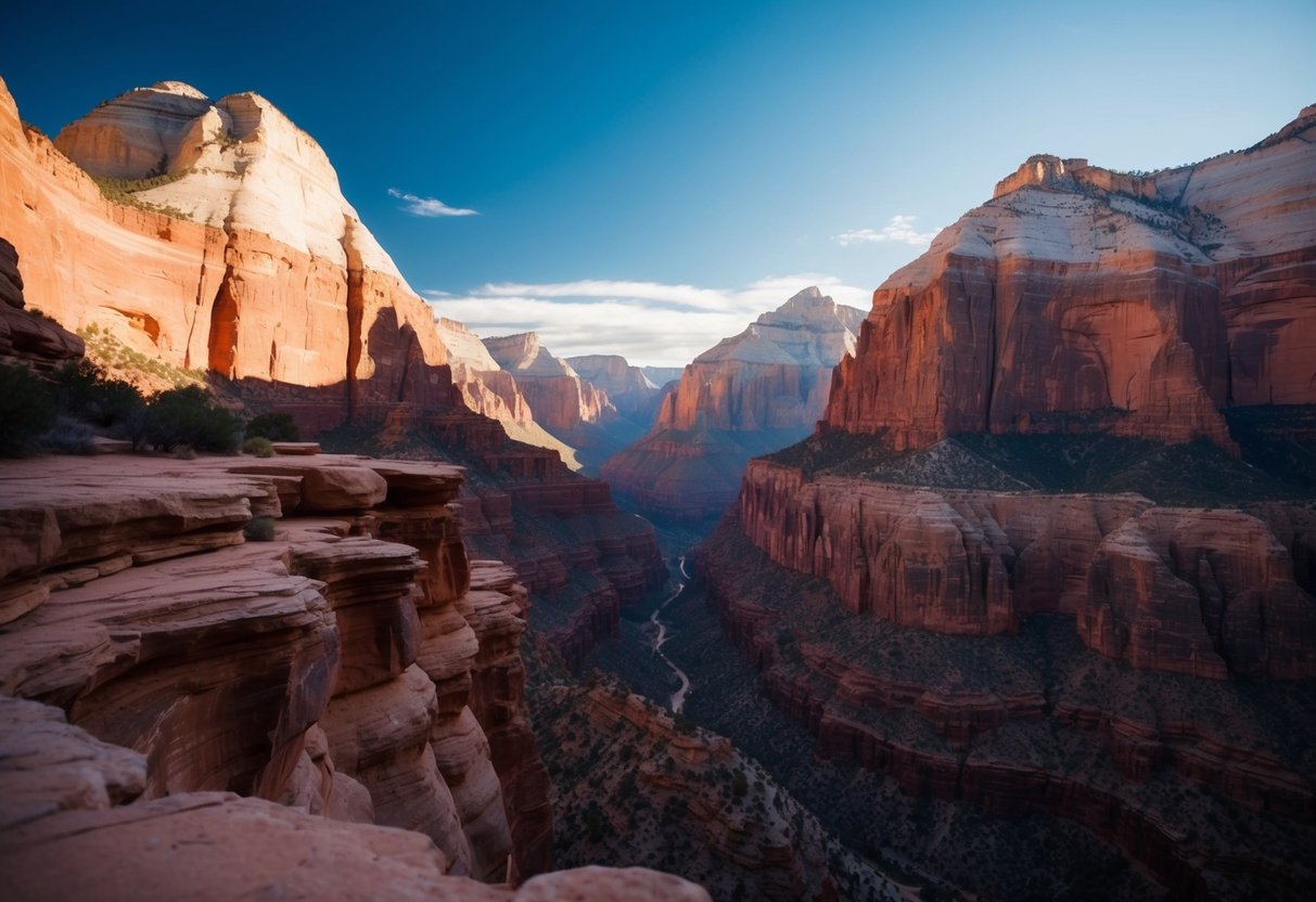 Sunlight illuminates the towering cliffs and deep canyons of Zion National Park, creating dramatic shadows and highlights