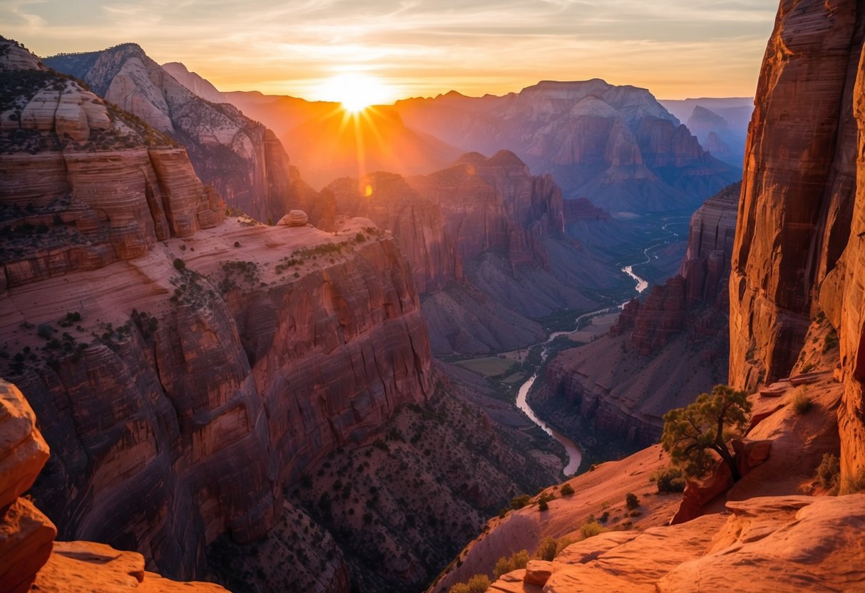 The sun sets over the towering cliffs of Zion National Park, casting a warm glow over the dramatic canyons and rugged natural wonders