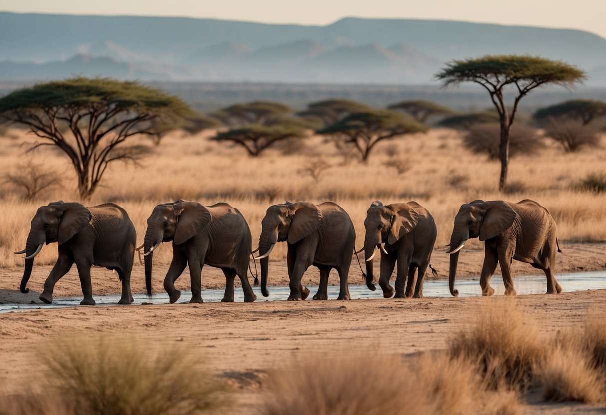 A herd of elephants crosses a dry riverbed, surrounded by acacia trees and distant mountains in the untouched wilderness of Samburu, Kenya