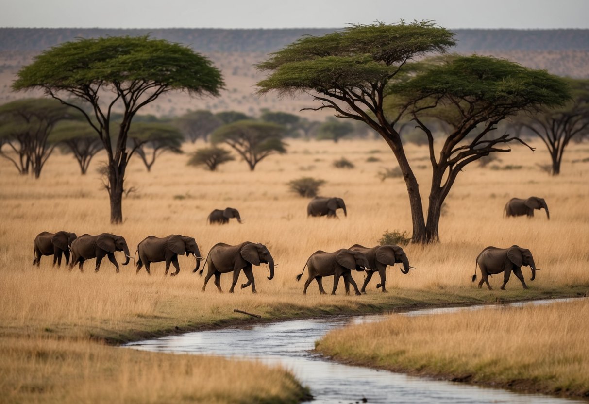 A group of wildlife roam freely in the untouched wilderness of Samburu, Kenya. Acacia trees dot the landscape as a river winds through the savanna