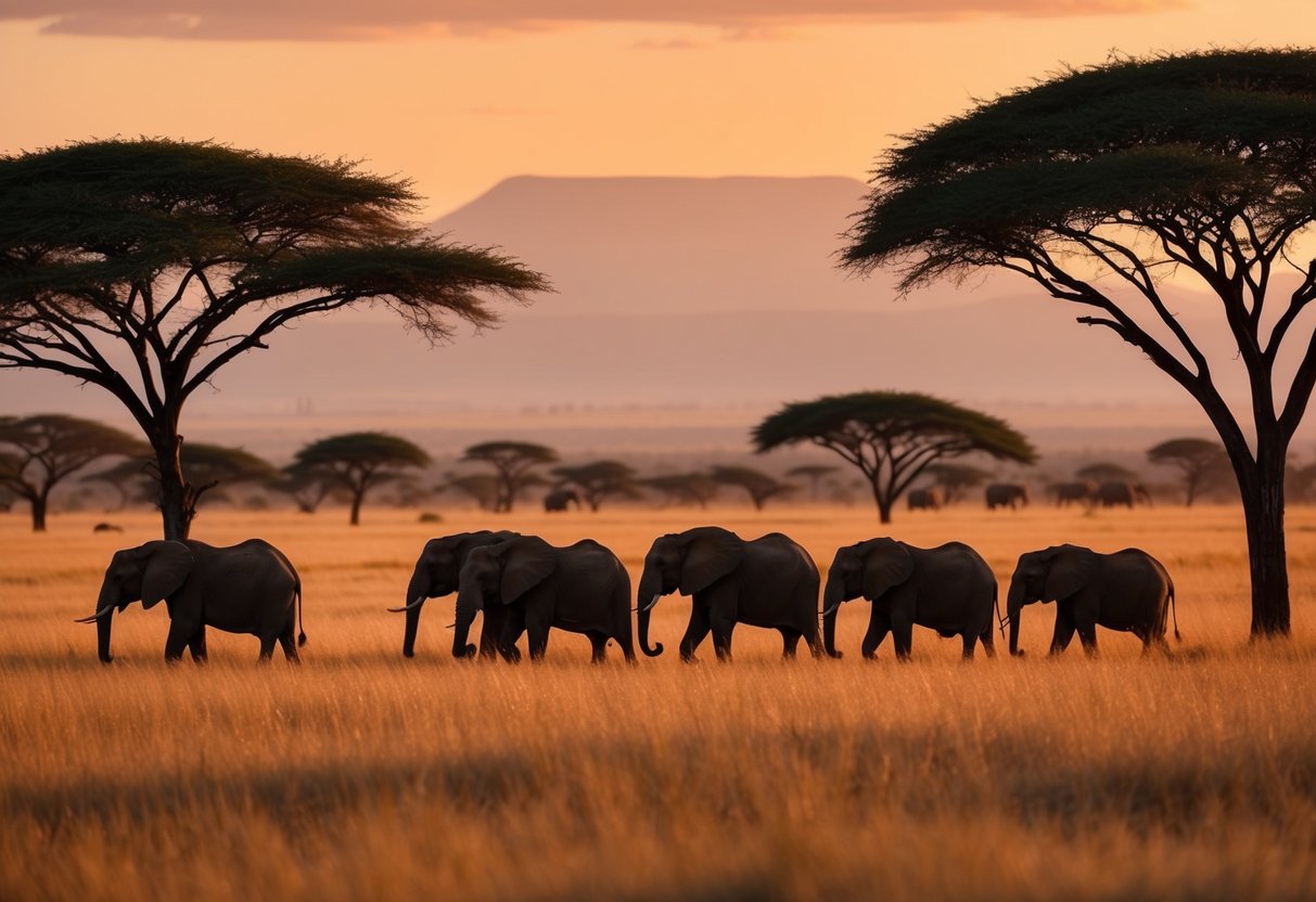 A herd of elephants roam the golden savannah, framed by acacia trees and a distant mountain range. A vibrant sunset bathes the landscape in warm hues