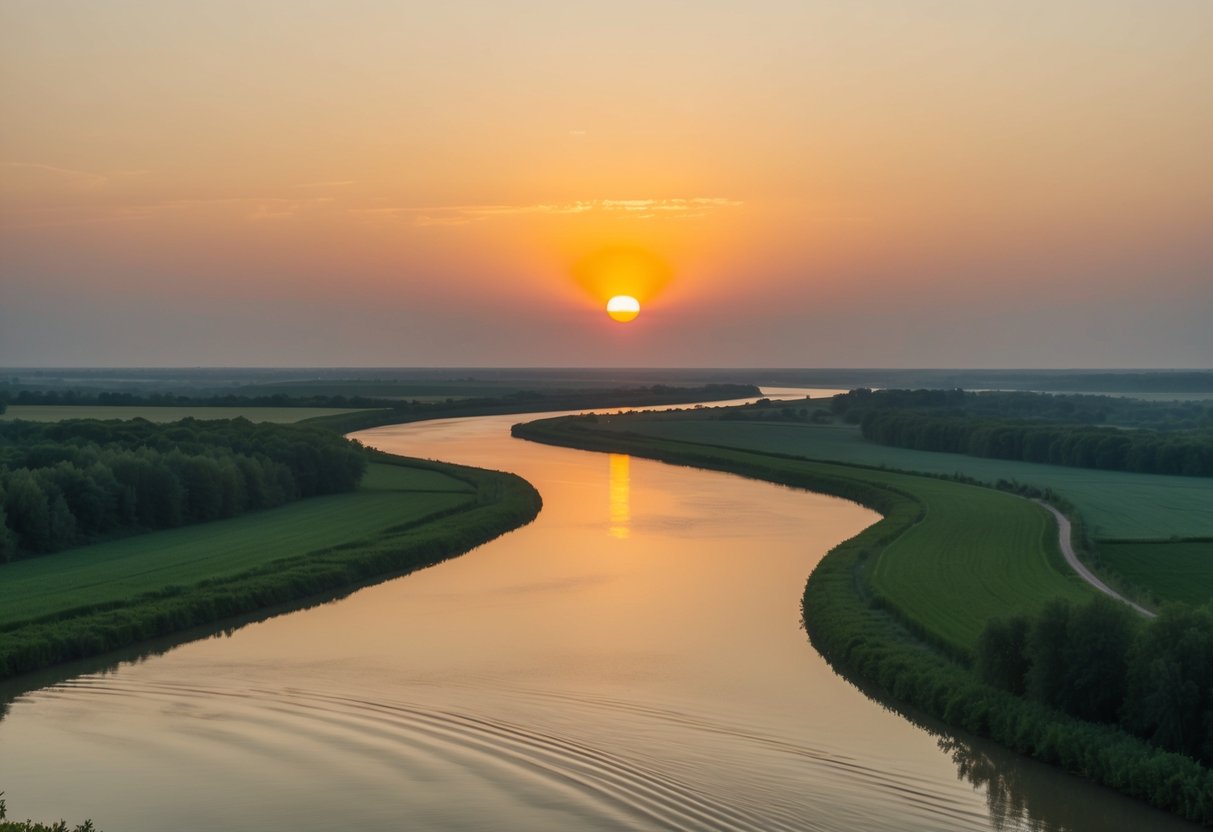 The sun sets over the calm, winding waterways of the Danube Delta, surrounded by lush greenery and vibrant wildlife