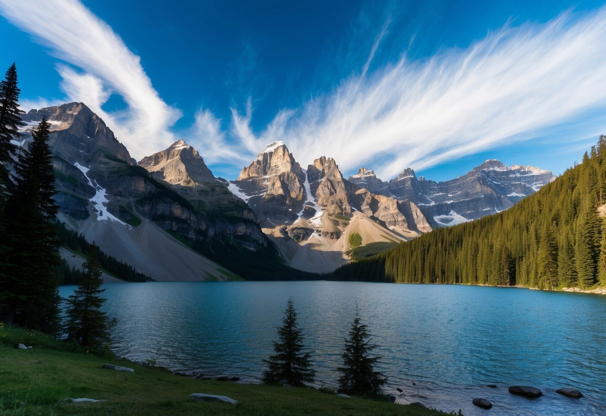 Majestic peaks rise above a serene alpine lake, surrounded by lush forests and cascading waterfalls. The sky is a brilliant blue, with wisps of white clouds drifting overhead