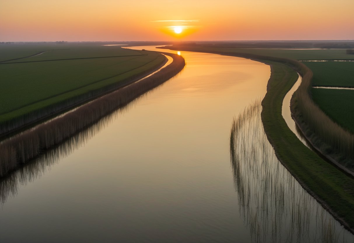 The sun sets over the winding waterways of the Danube Delta, casting a golden glow over the reed-lined banks and reflecting off the tranquil surface