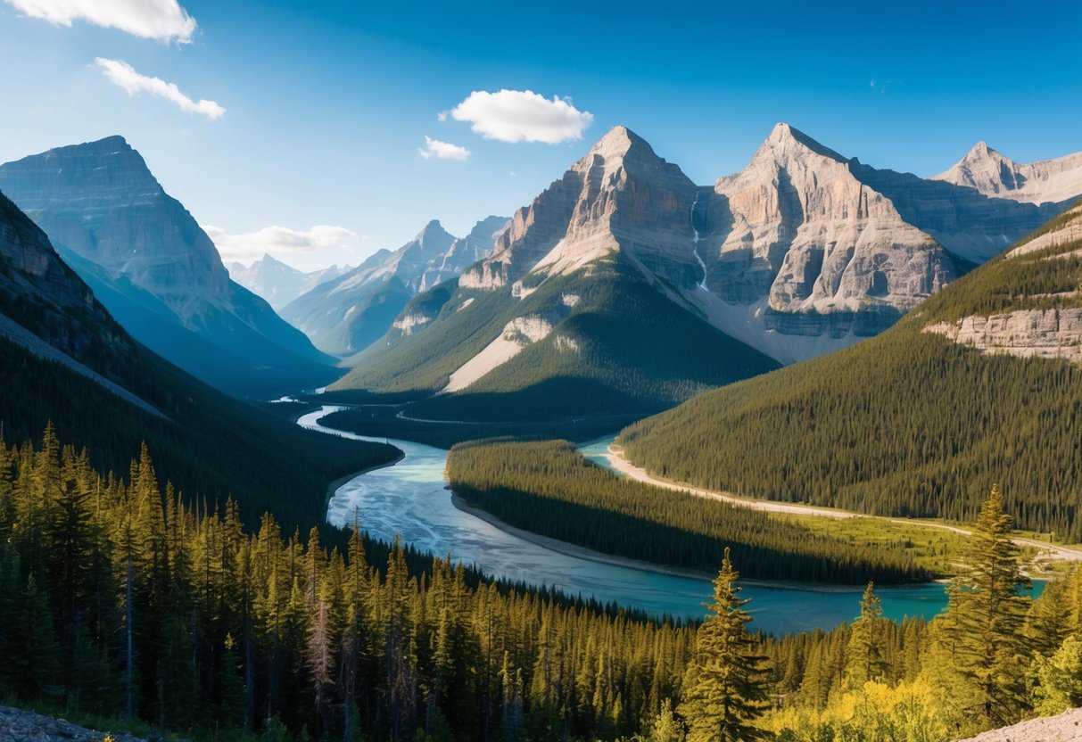 A breathtaking view of the Canadian Rocky Mountains, with towering peaks, lush forests, and a winding river cutting through the valley