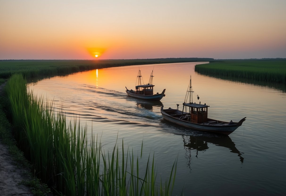 Sunset over the Danube Delta, with traditional fishing boats gliding through the water and lush green reeds lining the banks