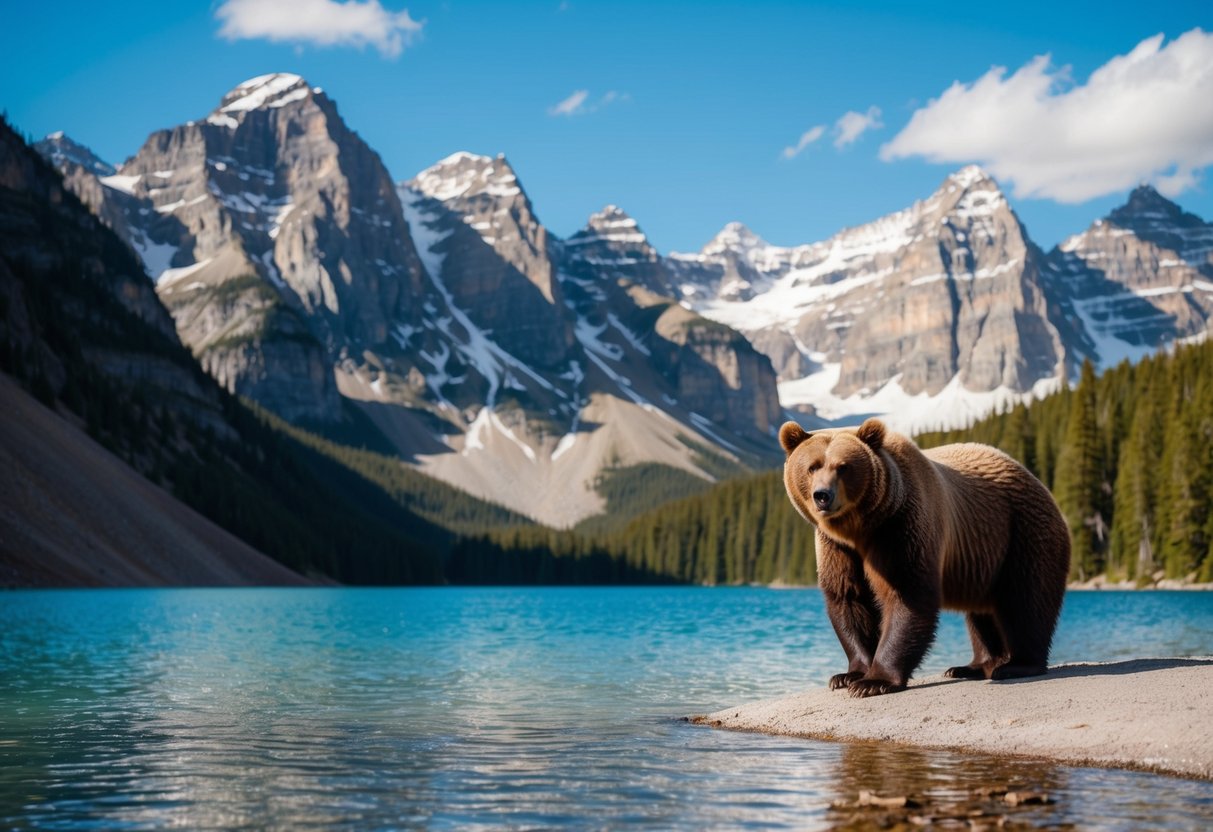 A majestic grizzly bear stands beside a crystal-clear mountain lake, surrounded by towering pine trees and snow-capped peaks in the distance